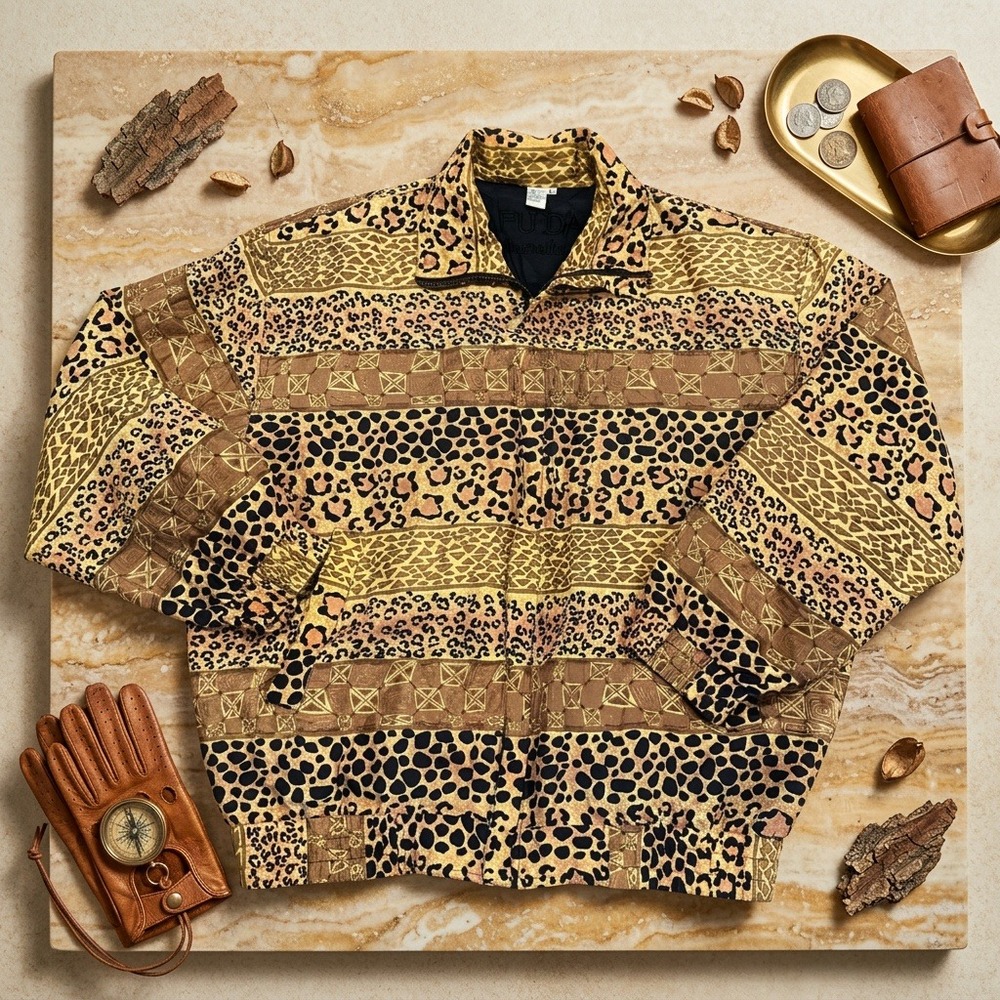 Vintage Fuda International 100% Silk Bomber Jacket L Animal Leopard Print 90s